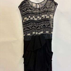 Hype Black & White Sheer Abstract Print Cocktail Dress with Draped Skirt